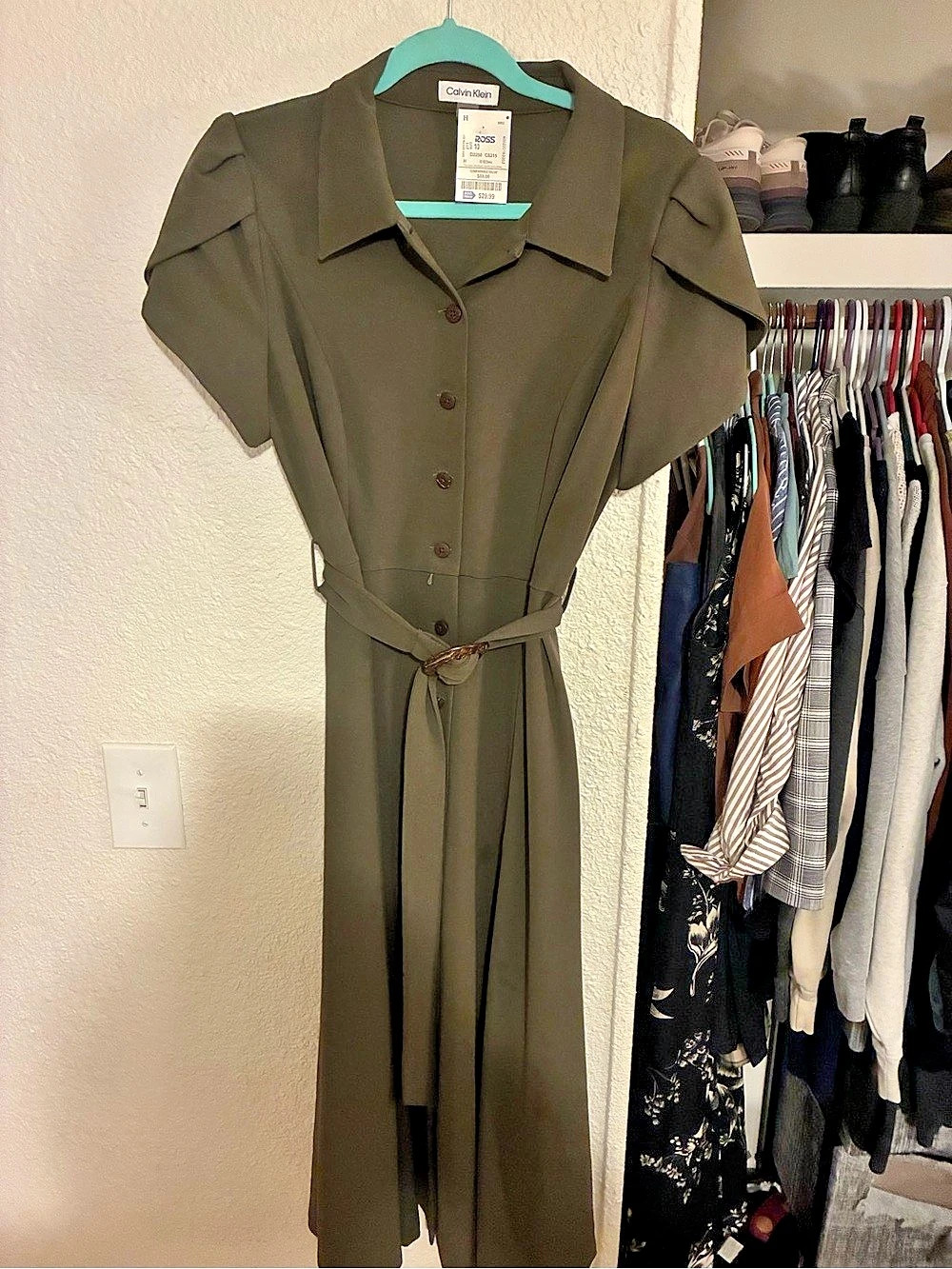 Calvin Klein Short-Sleeve Collared Midi Shirt Dress Green Medium